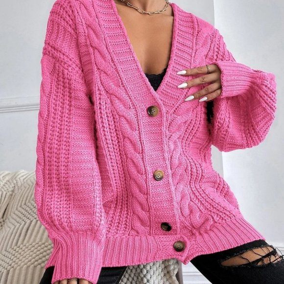 Cable Knit button down Pink Sweater Cardigan - Picture 2 of 4